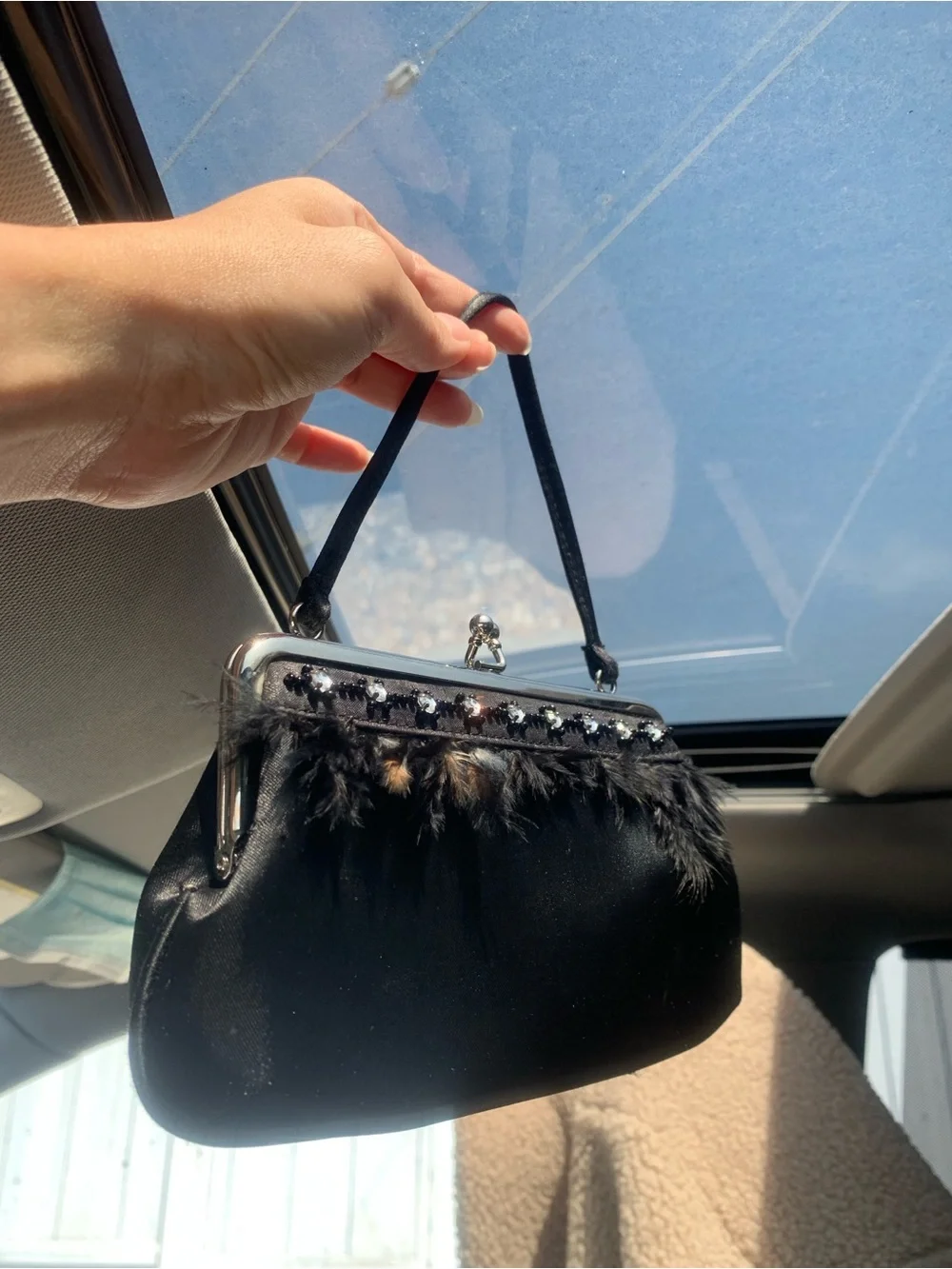 La Regale Kiss Lock Vintage Black Satin Feather Evening Bag